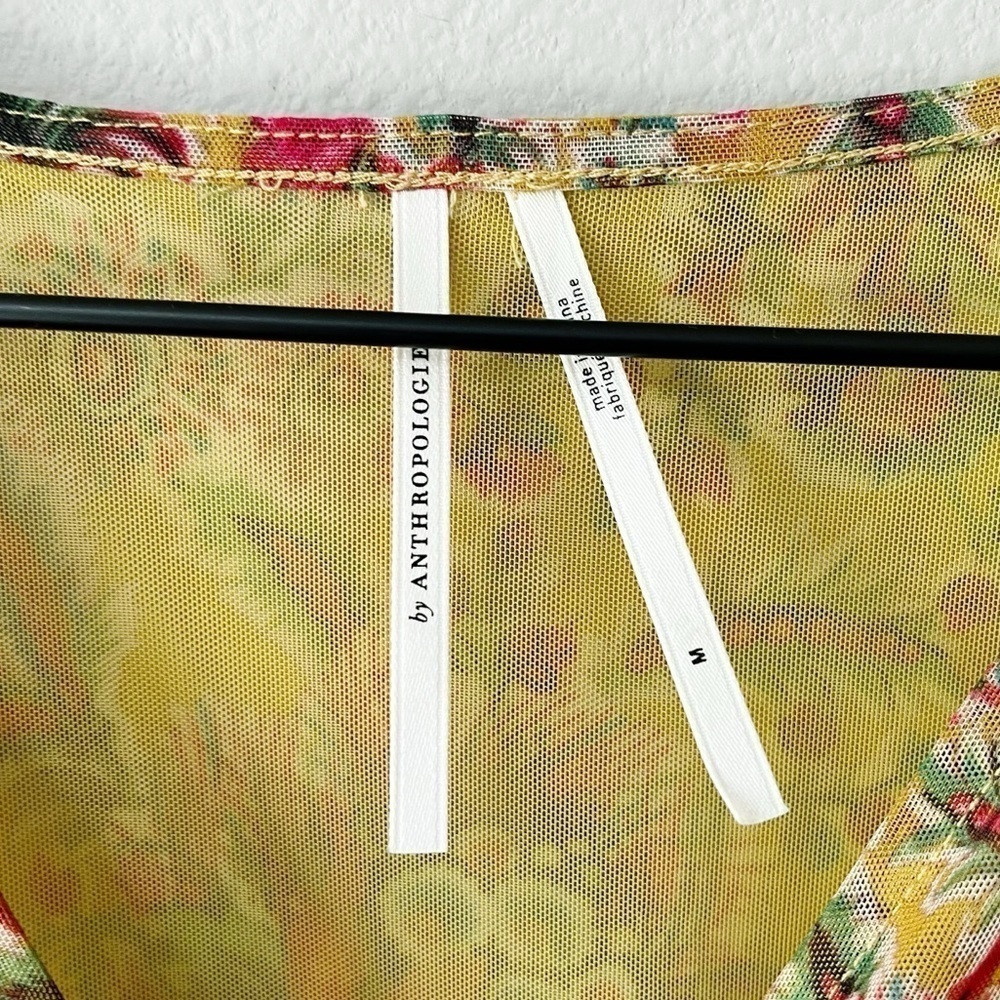 By Anthropologie Medium Gretchen Smocked Floral Print Tunic Top Mesh Mustard - Picture 9 of 11